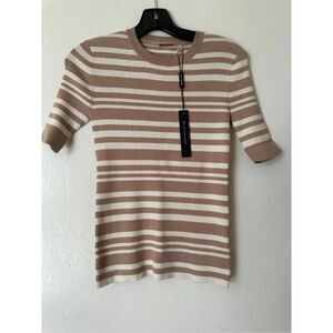 Elie Tahari Women’s Striped Knit Top pullover Elbow Sleeves In Almond Sz Small,